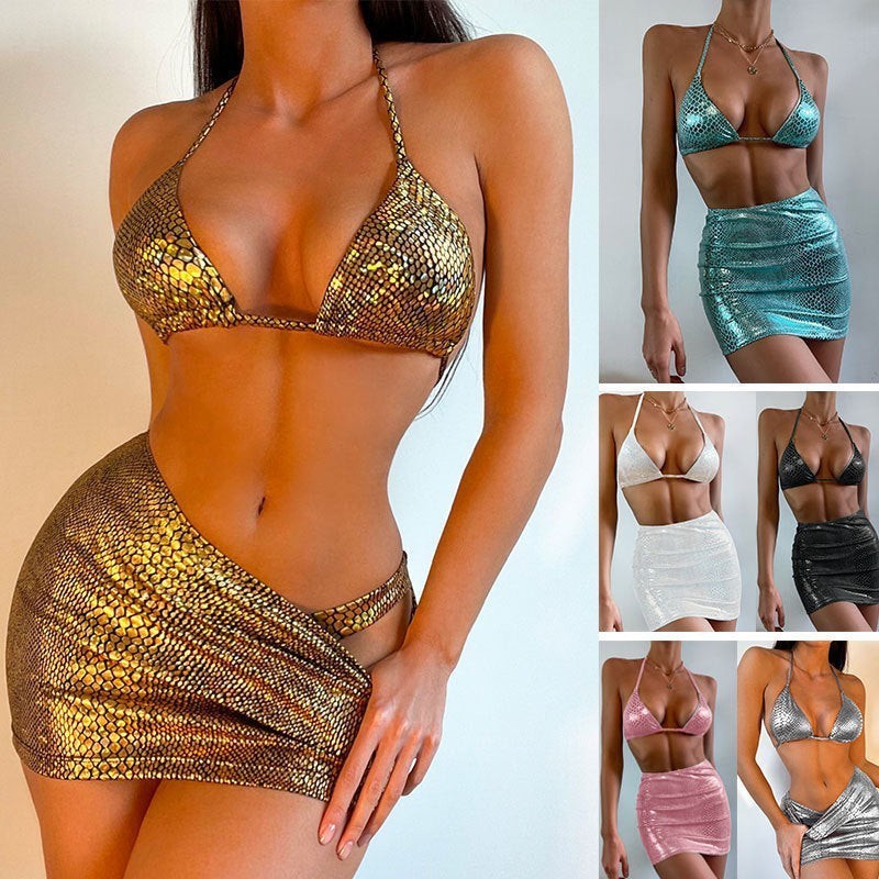 3 Piece Halter Neck Snake Pattern Shimmer Bikini Set With Cover Up Skirt