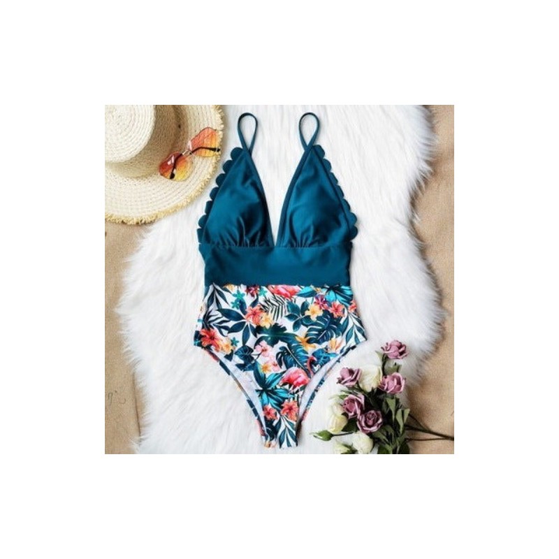 One-Piece Solid Top Colour with Tropical Print Bottoms Swimsuit