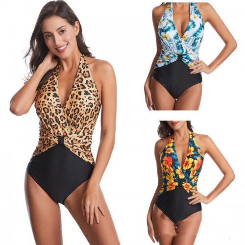 Bold Print Top and Black Bottomed One-Piece Swimsuit