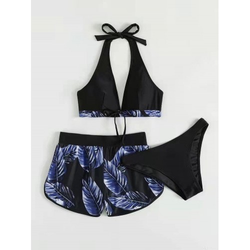 3 Piece Leaf Print Bikini With Beach Shorts Tropical Beach Swimsuit Set