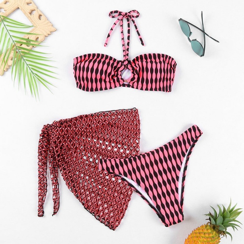 3-Piece Striped Bikini Swimwear Set | Bikini with Mesh Cover-Up Skirt