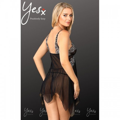 Black Babydoll Chemise Lingerie With Adjustable Shoulder Straps & Contrasting Embroidery