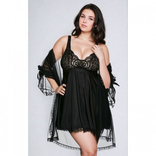 Black 3Pc Babydoll Chemise Lingerie Set With Fitted Stretch Lace Cups Full Opaque Tricot Skirt Adjustable Straps