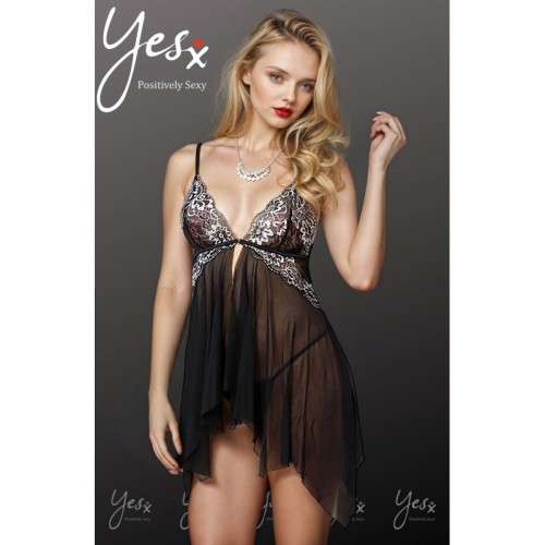 Black Babydoll Chemise Lingerie With Adjustable Shoulder Straps & Contrasting Embroidery