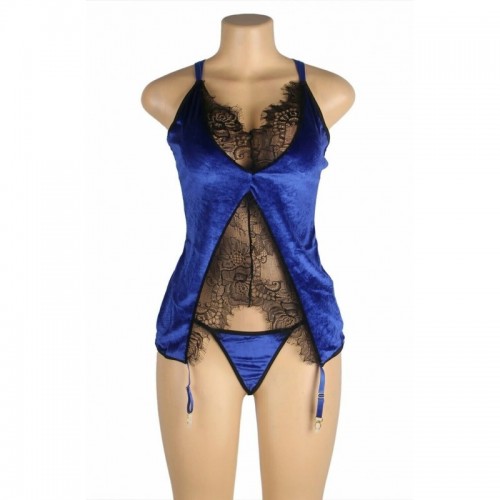 Blue Gartered Babydoll Chemise Lingerie Set Thong Knickers Included Adorned In Shimmering Fabric