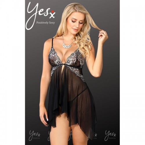 Black Babydoll Chemise Lingerie With Adjustable Shoulder Straps & Contrasting Embroidery