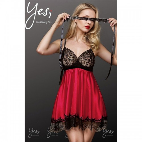 Red & Black Beautiful Flowing Red Satin Babydoll Chemise Lingerie With Black Lace Cups