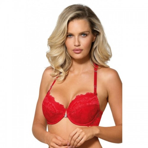 Red Stunning Plunge Front Fastening Push Up Bra With Centre Diamante Detail & Halter Neck Design