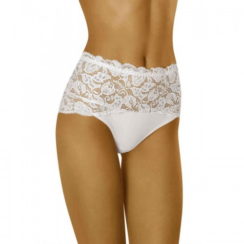 White Pair Of Knickers Decorated With Floral Lace On The Front & The Back Which Scallops At The Edges