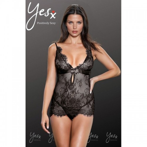 Black Eyelash Lace Finish Chemise With Satin Ribbon Tie