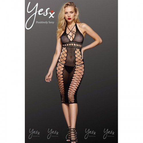 Black Bodystocking Dress With Side Panels & Halter Neck