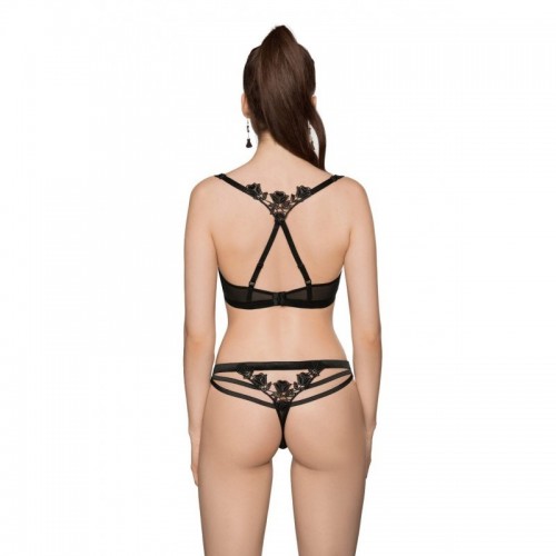 Black Thong Knickers Made From Soft Stretch Fabric With Flower Applique Detail On The Back