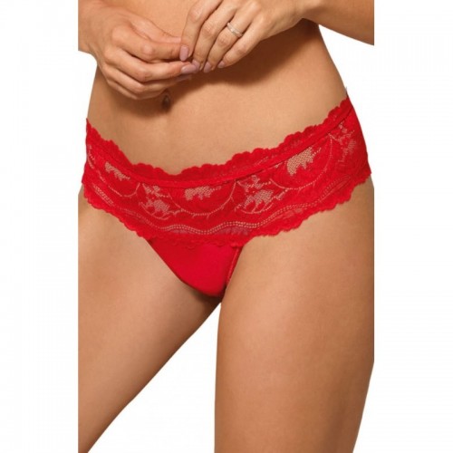 Red Thong Knickers With Deep Lace Panel At The Front