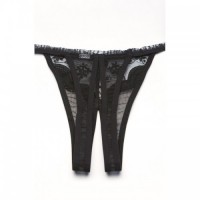 Black Beautiful Crotchless Thong Knickers With Scalloped Embroidery