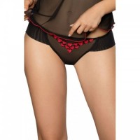 Black Soft Sheer Tulle Thong Knickers With Heart Embroidery In Red