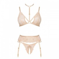 Beige Lingerie Set, Featuring a Bra, Open Thong & Garter Belt