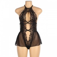 Black Beautiful Open Front Deep V Teddy In Black Tulle & Stunning Lace