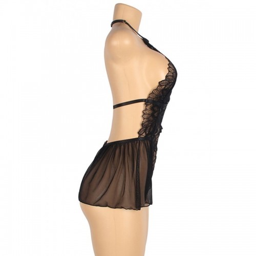 Black Beautiful Open Front Deep V Teddy In Black Tulle & Stunning Lace