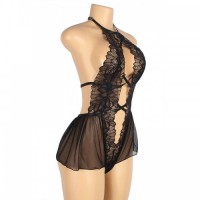 Black Beautiful Open Front Deep V Teddy In Black Tulle & Stunning Lace