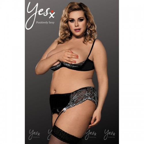 Black 3 Piece Shelf Bra Lingerie Set With Thong Knickers & Matching Suspender Belt