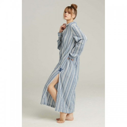 White & Blue Striped Organic Cotton Maxi Shirt Night Dress with Chic Side Slits