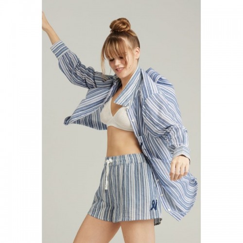 White & Navy Blue Striped Cotton Womens Pyjama Boxer Shorts