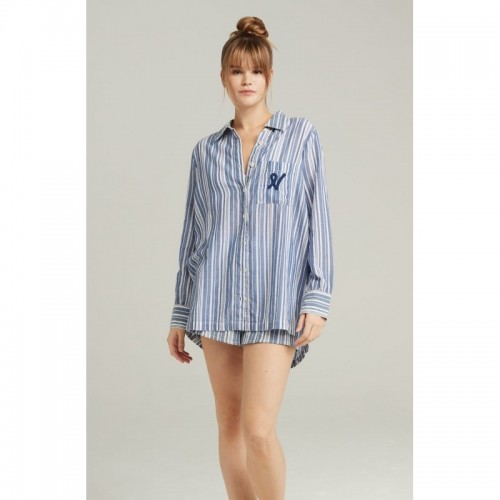 White & Navy Blue Striped Cotton Womens Pyjama Shirt