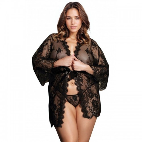 Black Beautiful Plus Size Dressing Gown In Transparent Eyelash Lace & Mesh