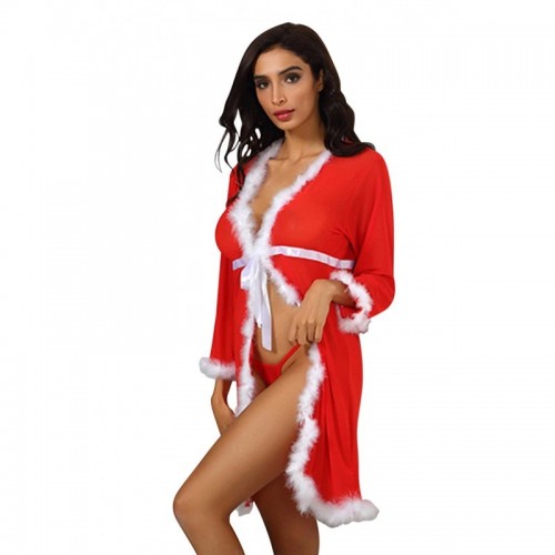 Red & White Alluring Xmas Robe with Snowy White Faux Fur Trim