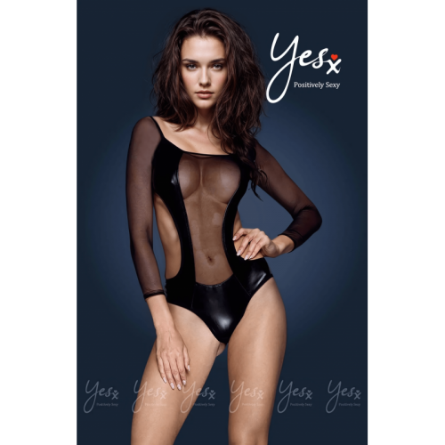 Black One Piece Teddy With Mesh & Vinyl Features & Open Waist Detail