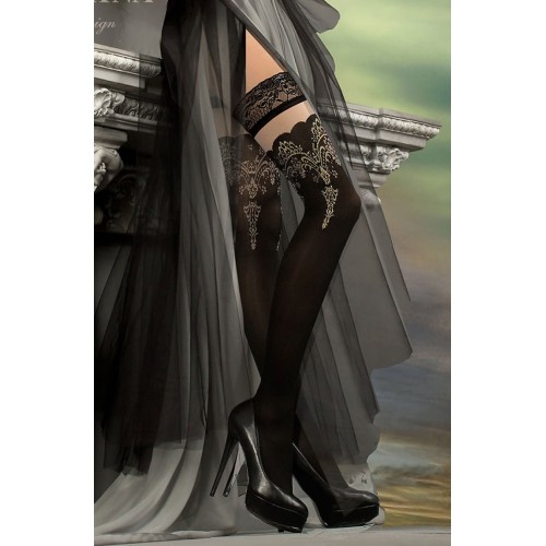 Black & Shimmer Striking Semi Opaque Hold Ups With Embroidered Tops Scalloped Edging