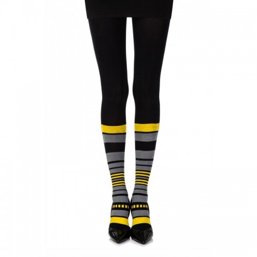 Black & Grey Opaque 100 Denier Reeve Tights With Gray & Yellow Socks Print