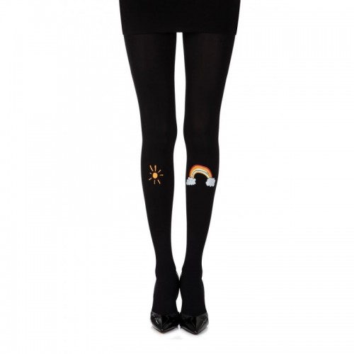 Black Colourprint Opaque 120 Denier Tights With A Colourful Rainbow & Sun Print