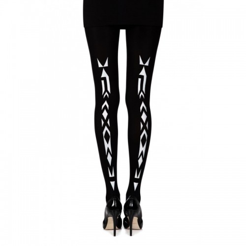 Black Silver Opaque Black 120 Denier Tights With Ethnic Tribal Silver & Rainbow Colour Print