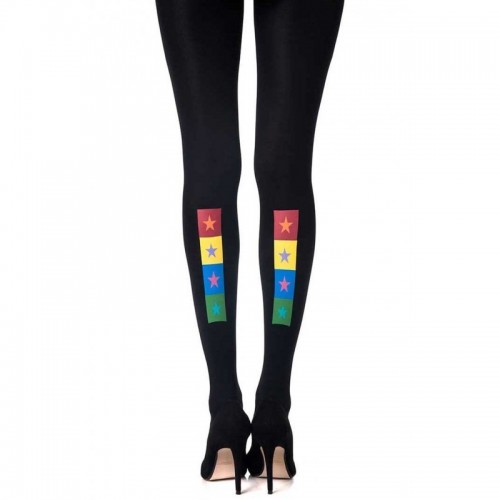 Colourful Print On Black Designed Sheer Tights