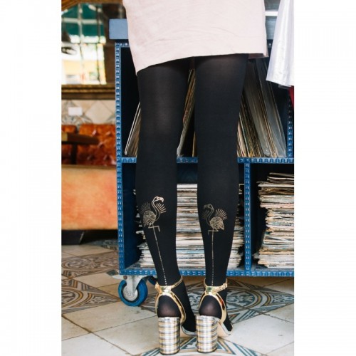 Black Miami Night Tights with Reversible Flamingo Icon In Gold