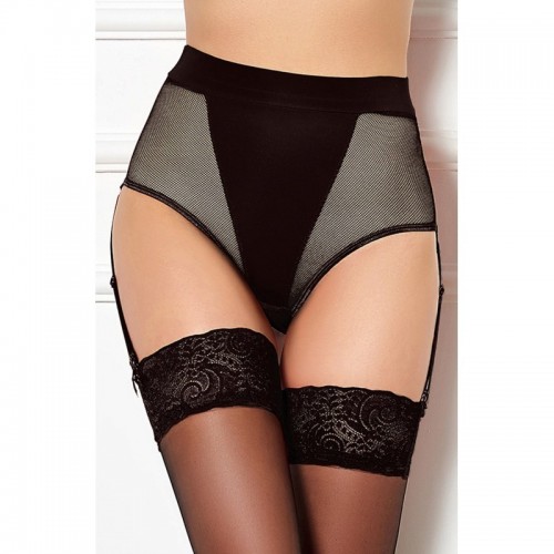 Black High Waisted Gartered Panty With Front Panel & Detachable Suspender Belt