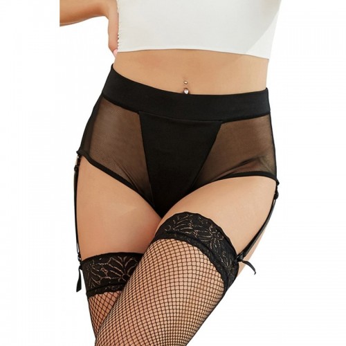 Black High Waisted Gartered Panty With Front Panel & Detachable Suspender Belt