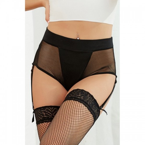 Black High Waisted Gartered Panty With Front Panel & Detachable Suspender Belt