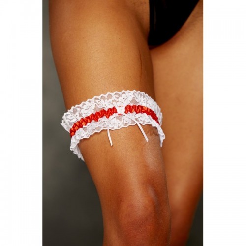 Red Lacy Leg Garter With Soft Satin Trim & White Lace On Top & Bottom