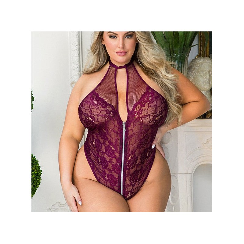 Plus Size Font Zipped Lace Bodysuit Lingerie | Black or Red | Womens Underwear & Nightwear by IBA