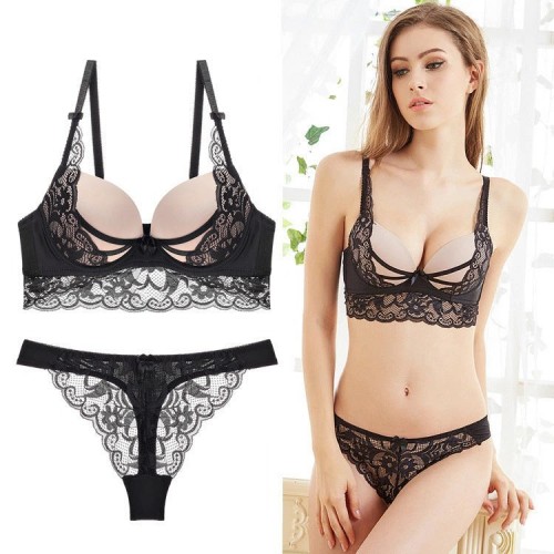 Matching Padded Black Bra and Knickers Set Comfort Fit Lingerie with Lace Edging | Womens Underwear & Nightwear by IBA