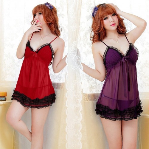 Cute and Sexy Lace Mesh Lingerie Sleepwear Set | Purple or Red | Womens Underwear & Nightwear by IBA