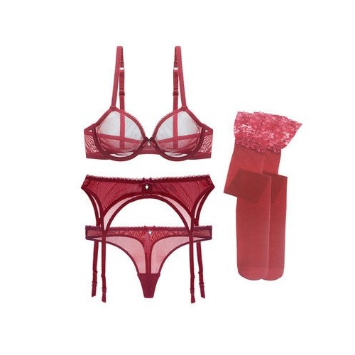 3 Piece Sheer Mesh Lingerie Set with Matching Stockings | Womens Underwear & Nightwear by IBA