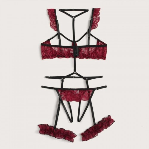 3 Piece Open Cup Strappy Lingerie Set with Lace Detailing and Garters | Womens Underwear & Nightwear by IBA