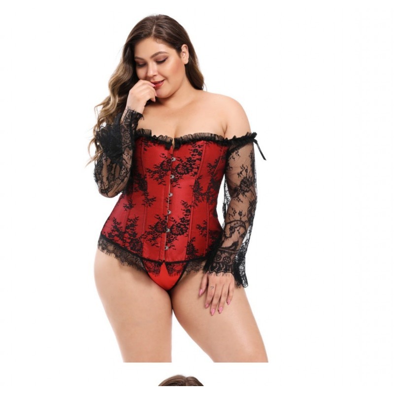 Steampunk Lace Sleeved Gothic Corset Bustier | Available in Red or Black up-to 6XL | Womens Underwear & Nightwear by IBA