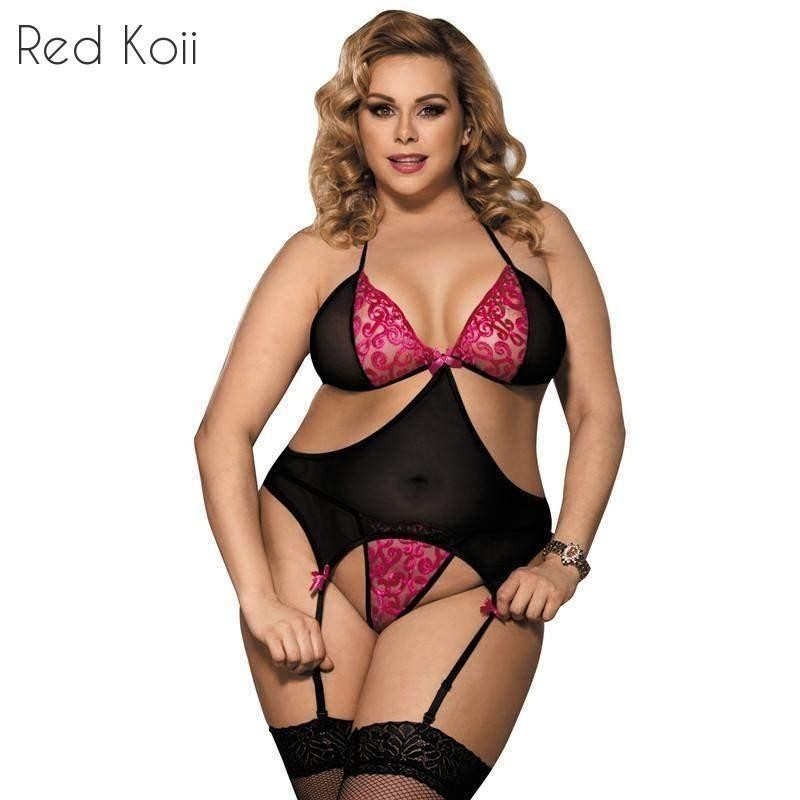 Plus Size Stretch Mesh Lingerie Set with Garter | Womens Underwear & Nightwear by IBA