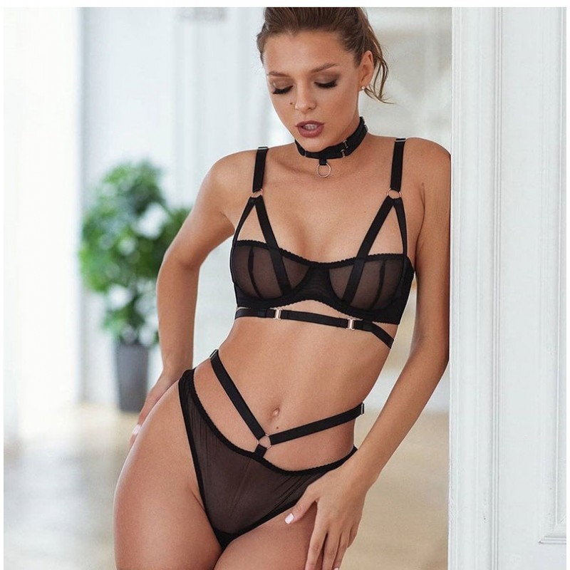 Sexy Sheer Womens 2 Piece Strappy Matching Underwear Set | Black, White or Red | Womens Underwear & Nightwear by IBA