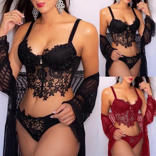 Three Piece Embroidered Lace Sexy Lingerie Set | 4 Colour Options | Womens Underwear & Nightwear by IBA