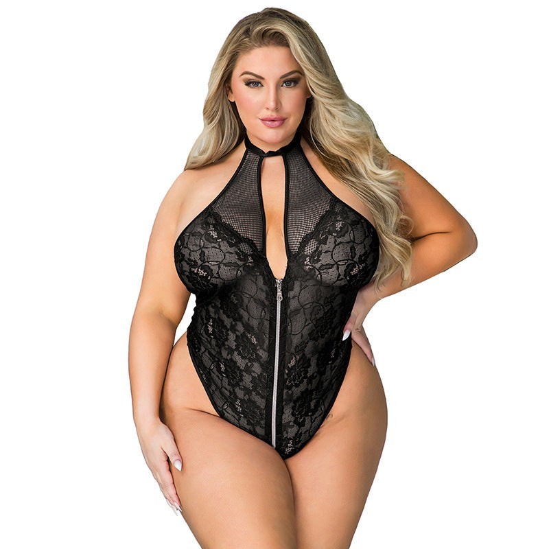 Plus Size Font Zipped Lace Bodysuit Lingerie | Black or Red | Womens Underwear & Nightwear by IBA